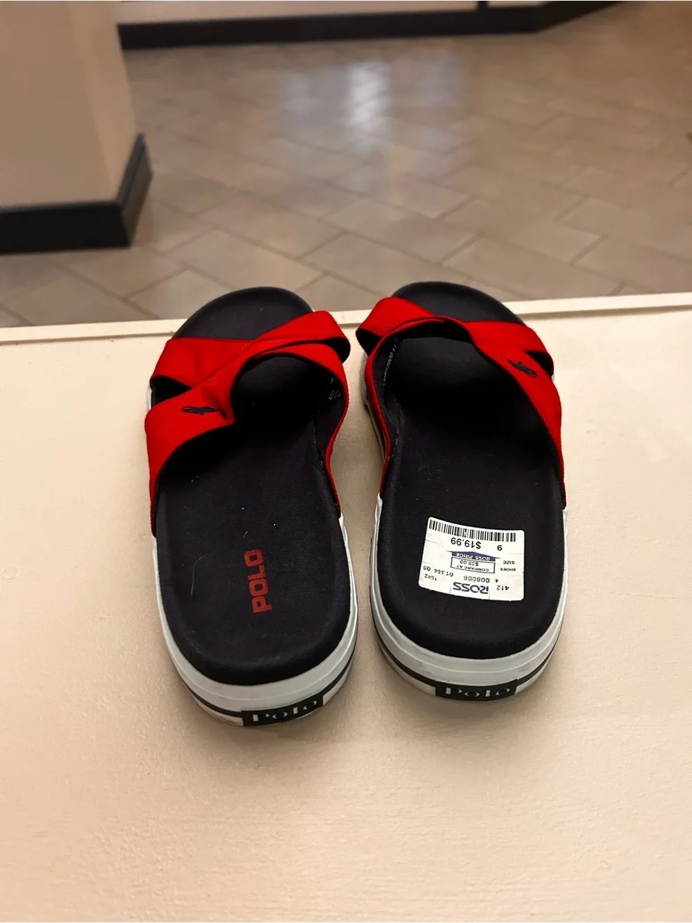 Polo by Ralph Lauren Red Cross-Strap Black Footbed White Sole Slide Sandals 11 B